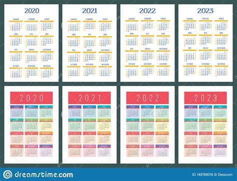 Calendar 2020 2021 2022 And 2023 English Color Vector Set Vertical