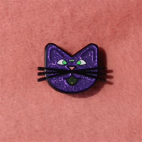 Purple Glitter Enamel Cat Pin Three Eyed Kitty Pin Soft Enamel Etsy