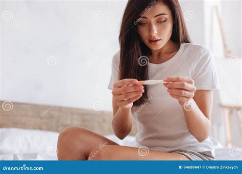 Shocked Woman Looking At Control Line On Pregnancy Test Stock Image Image Of Expactant