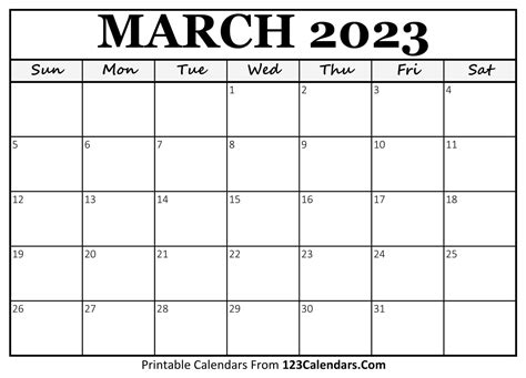 March 2023 Calendar 123calendars Get Calender 2023 Update