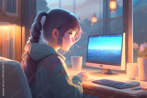 Lofi Anime Girl Is Programming At A Computer Cozy Dramatic Lighting