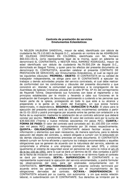 Modelo Contrato Laboral Por Prestacion De Servicios 》 Abril 2024
