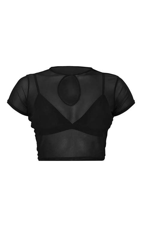 black mesh cut out short sleeve short crop top prettylittlething usa