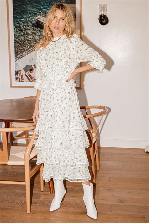 White Midi Dress Floral Print Dress Ruffled Tiered Dress Lulus