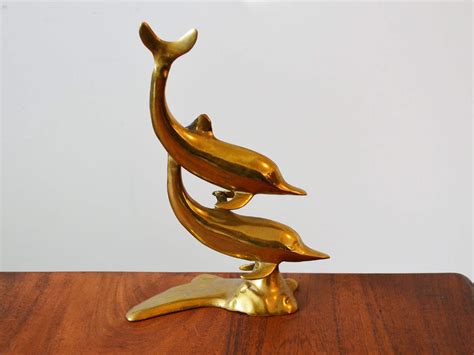 Vintage Brass Dolphin Sculpture Nautical Gold Home Decor Mid Etsy