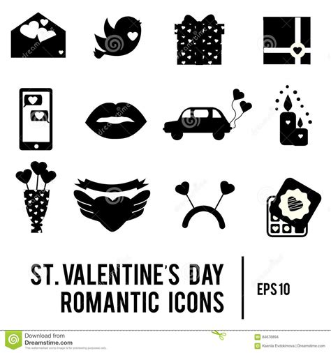 st valentine`s day icons set of romantic love holidays symbols printable black silhouettes