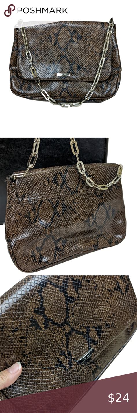 Nine West Womens Snakeskin Reptile Print Faux Leather Clutch Leather