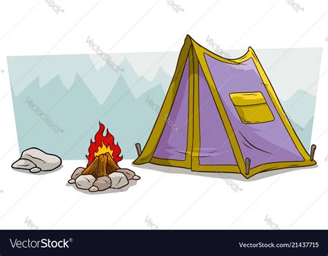 Cartoon Camping Tent And Campfire Against Mountain