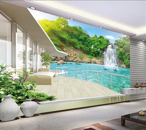 Modern Wall 3d Murals Wallpaper Beautiful Waterfall Scenery Balcony