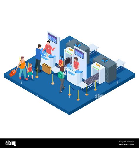 Airport Check In Desk Passengers And Bags Isometric Vector Concept