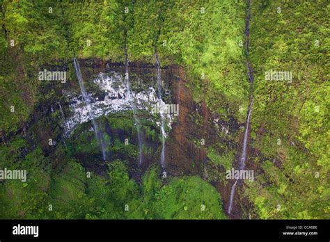 Aerial Of Waterfalls On Mt Waialeale Kauai Hawaii Stock Photo Alamy