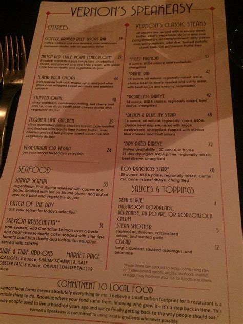 Menu At Vernons Speakeasy Steakhouse Los Ranchos De Albuquerque 4th