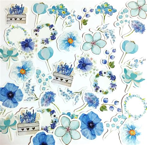 45 Pcs Blue Flowers Sticker Lavender Sticker Pack Scrapbook Etsy Hong