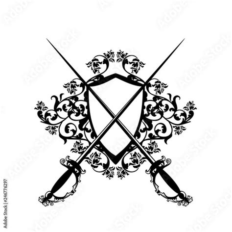 Elegant Heraldic Shield With Crossed Epee Swords And Rose Flowers