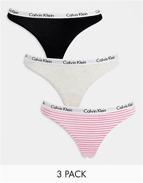 calvin klein carousel thong 3 pack in pink stripe grey black asos