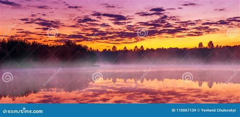 Wonderful Summer Foggy Scenery Pink Sunrise Over The Lake Unusual