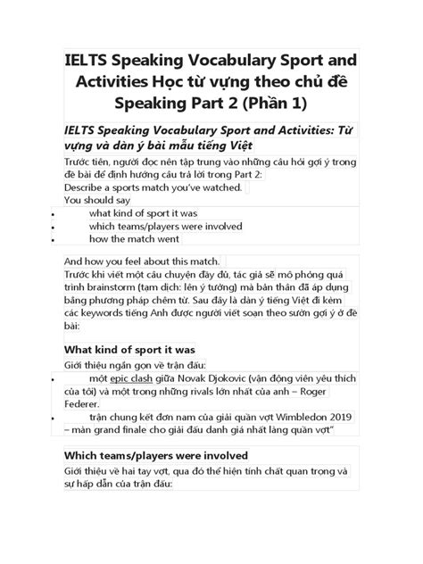 Ielts Speaking Vocabulary Sport And Activities Học Từ Vựng Theo Chủ Đề