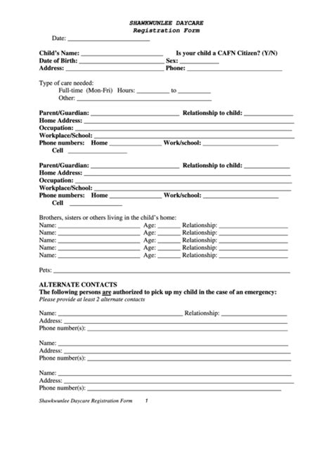 Sample Daycare Registration Form Printable Pdf Download