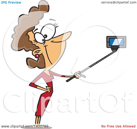 clipart of a cartoon brunette white woman taking a portrait with a selfie stick royalty free