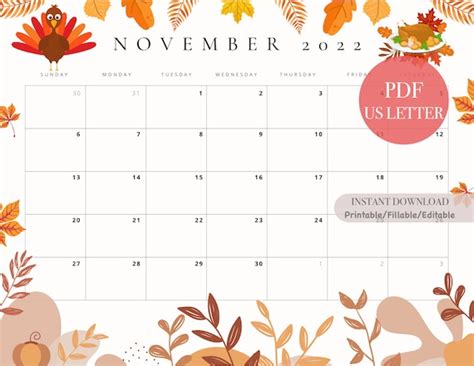 Editable November 2022 Calendar Printable Fillable November Etsy