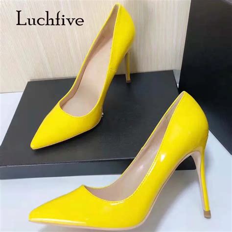 sexy yellow leather high heel shoes women pointed toe 8cm 10cm 12cm heel pumps woman fashion
