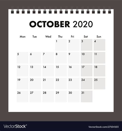 October 2020 Calendar With Wire Band Royalty Free Vector