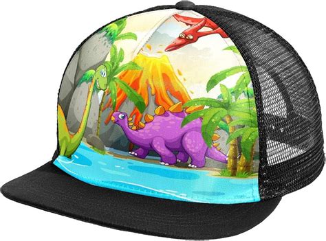 Adjustable Flat Brim Mesh Dinosaur Nature Snapback Hat Trucker Cap At