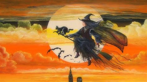 Witch Flying High With Cat Broomstick Hd Halloween Wallpapers Hd