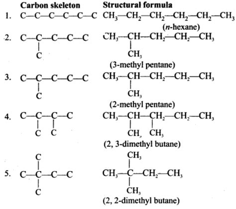 write the structural formula and carbon skeleton formula for all