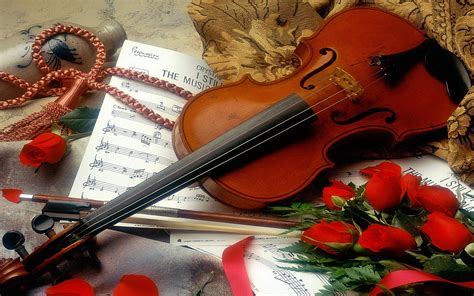 With no worries about connectivity. Violin, red roses and music notebook - Love music