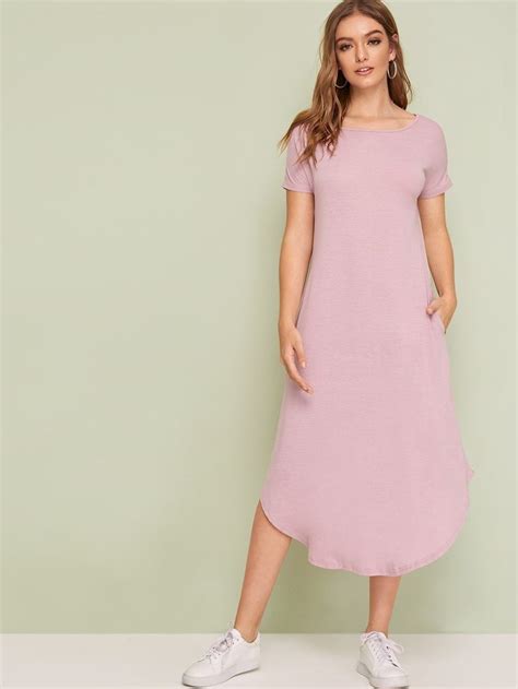 Slant Pocket Curved Hem T Shirt Dress Dresses Polyester Dress T