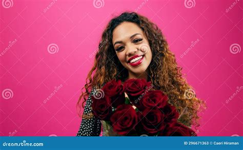 Beautiful Multi Ethnic Woman Holds Bunch Of Red Roses Romance Pink