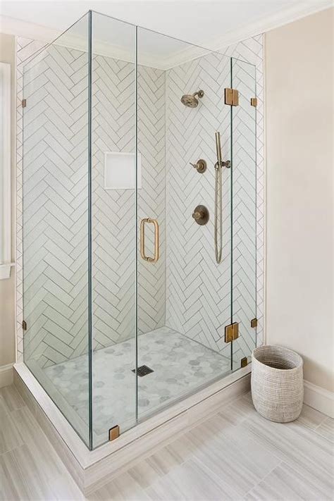 Shower With White Herringbone Tiles And Gray Grout Transitional