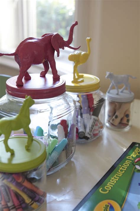 Dollar Store Jars With Colored Lids And Plastic Animals