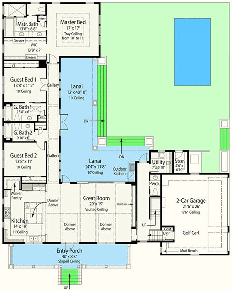 The master suite is also on the main level. Net Zero Ready House Plan with L-Shaped Lanai - 33161ZR ...
