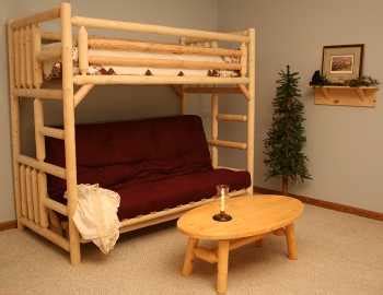 A futon bunk bed is a type of bed in which one bed frame is stacked on top of another, allowing two or more people to sleep in the same room while bunk beds range in price from economy models made with metal, solid plastic or softwood frames in which the mattresses are supported by metal wire. Cottage Twin Futon Log Bunk Bed