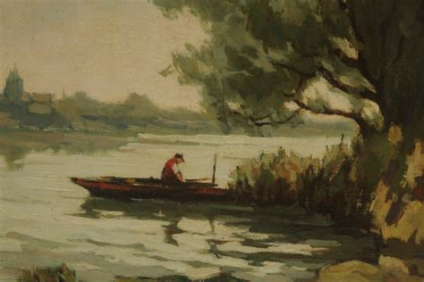French Country Landscape Painting With Fisherman In Boat By Georges