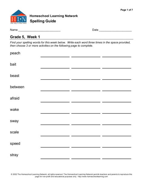 3rd grade list #1 spelling activities. Spelling Guide--Grade 5 Week 1 Worksheet for 5th Grade ...
