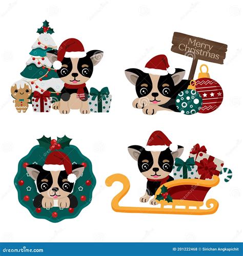 Cute Chihuahua Santa Claus Dog With Christmas Decoration Stock Vector