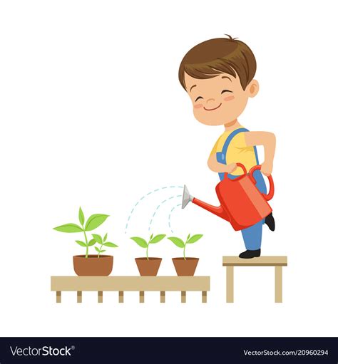 Cute Little Boy Character Watering Plants From Vector Image