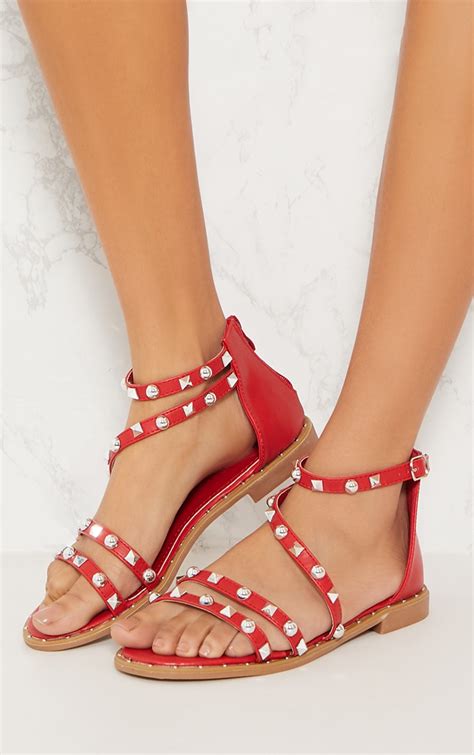 Red Studded Strappy Flat Sandals Shoes Prettylittlething Uae