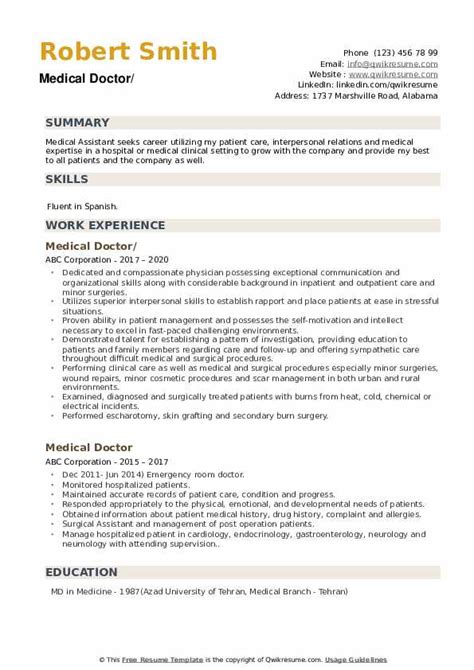 Maybe you would like to learn more about one of these? Medical Doctor Resume Samples | QwikResume