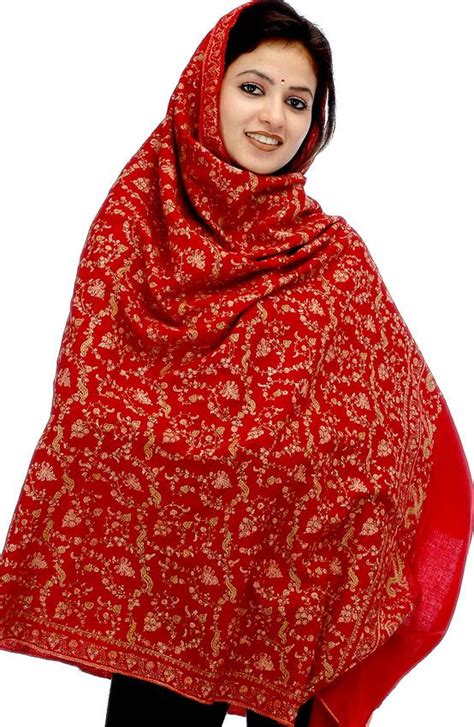 Red Pure Pashmina Shawl With All Over Dense Kashmiri Embroidery By Hand