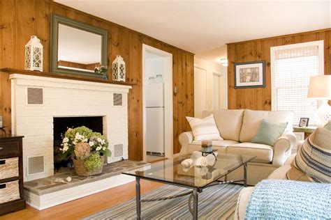 Knotty Pine Walls In Living Room Traditional With Blue And White Beach