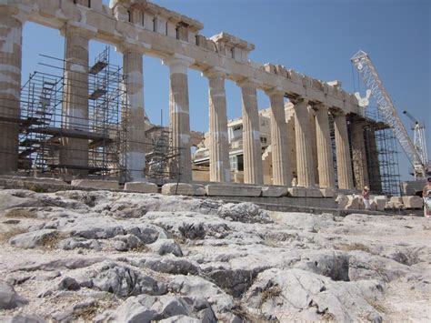 Side View Of The Parthenon Atop The Ancient Acropolis Of Athens Greece
