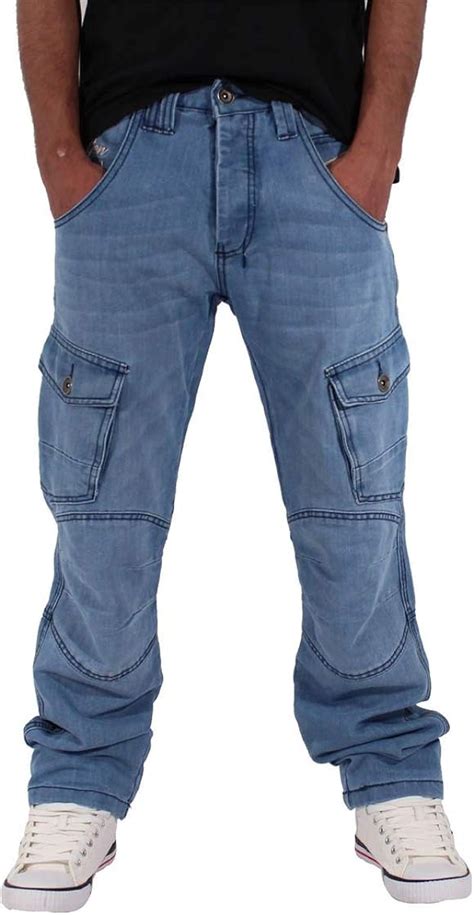 Peviani Mens Cargo Combat Multi Pocket Denim Jeans Stonewash Blue