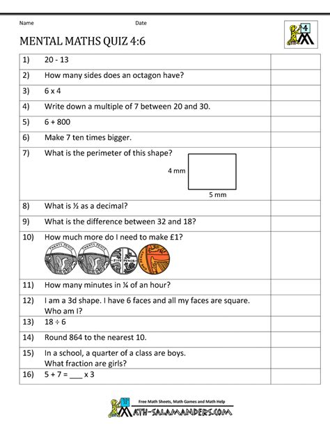 Mental Maths Test Year 4 Worksheets