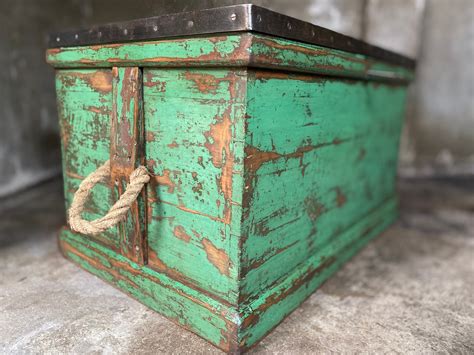 Antique Shipwrights Industrial Chest Large Wooden Storage Trunk And Key