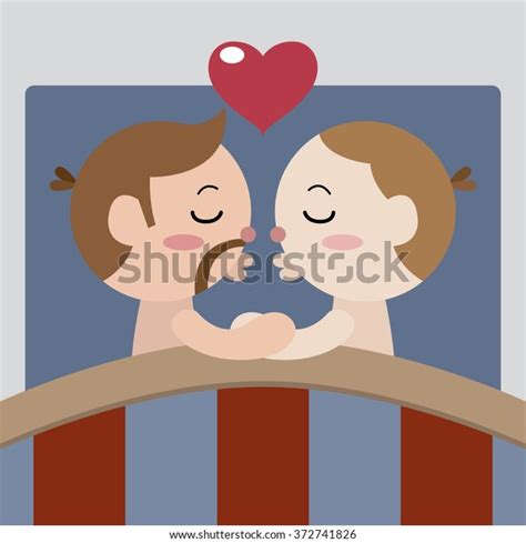 Gay Couple Kissing On Bed Cartoon เวกเตอร์สต็อก ปลอดค่าลิขสิทธิ์