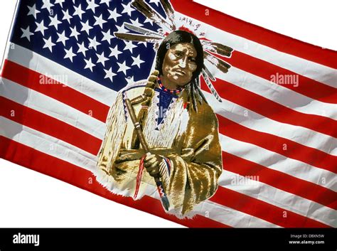 American Flag With An Image Of A Native American Indian Holding A Peace